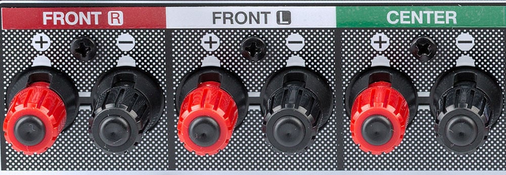 Binding posts on the rear of an AV receiver