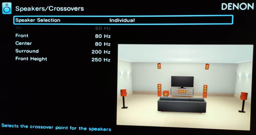 Changing the speaker crossover in an AV receiver's setup menu