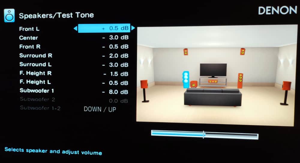 Changing speaker volumes in AV receiver speaker menu