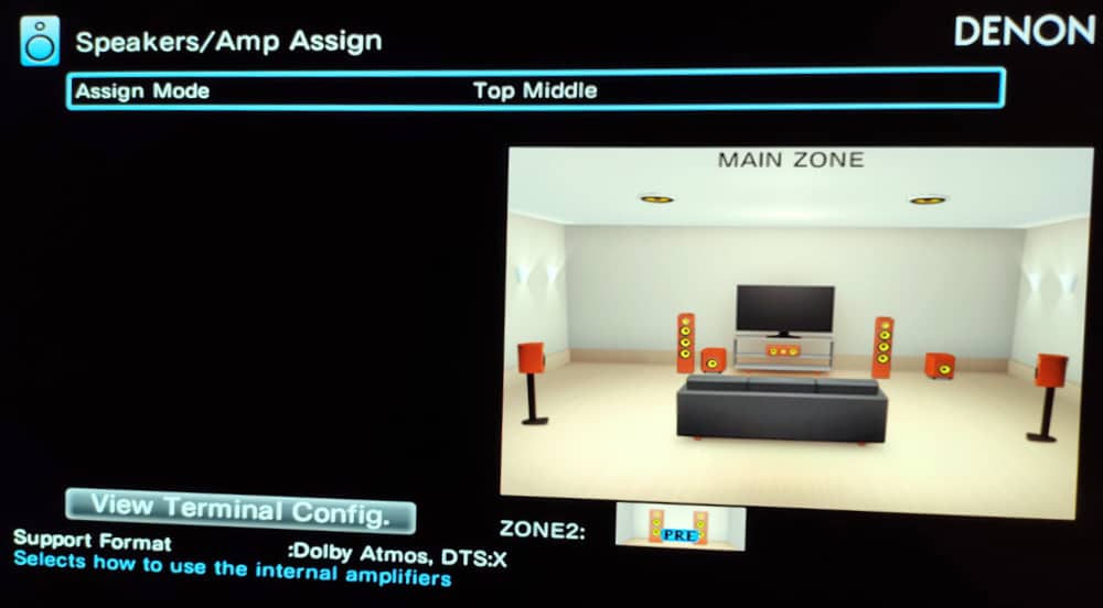 Selecting Dolby Atmos speakers in an AV receiver setup menu