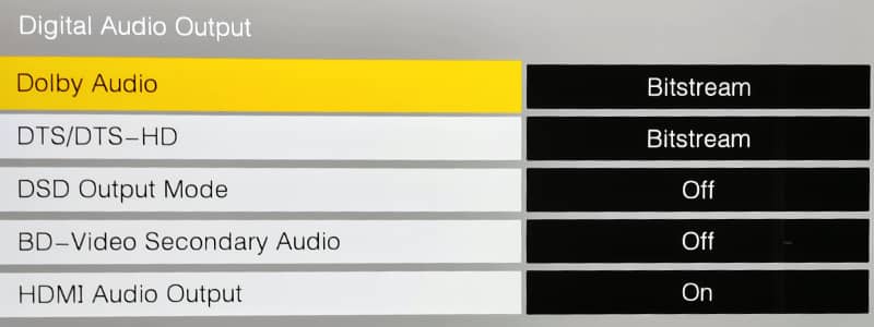 Blu-ray Player bitstream settings in audio menu