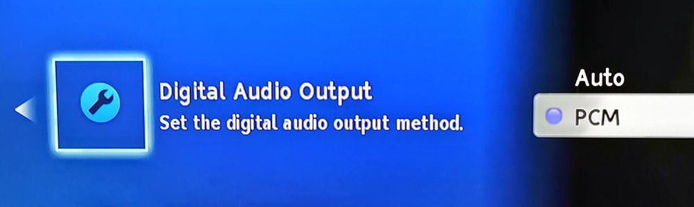 Bitstream/Auto and PCM Setting in a Blu-ray Player Audio Menu