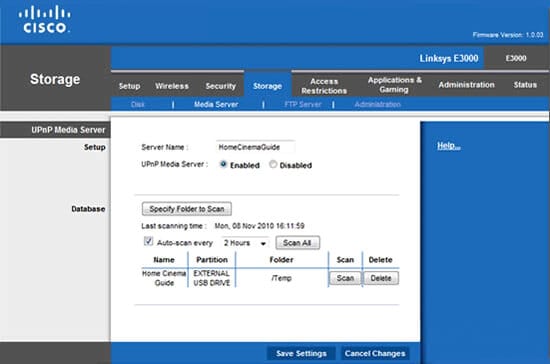 Linksys E3000 Router UPnP Setup Page