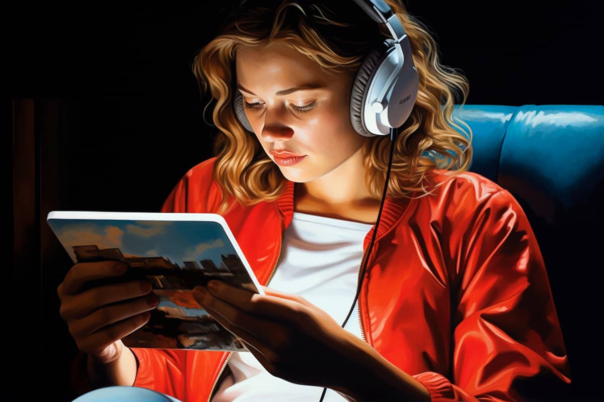 a woman wearing high-end headphones reading online reviews