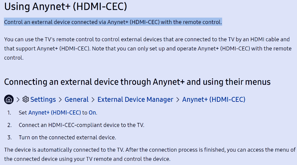 Enabling Anynet+ on a Samsung TV