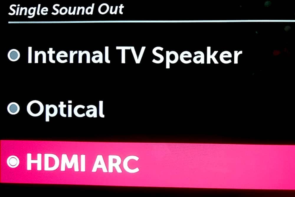 HDMI ARC selection on a TVs audio output settings page