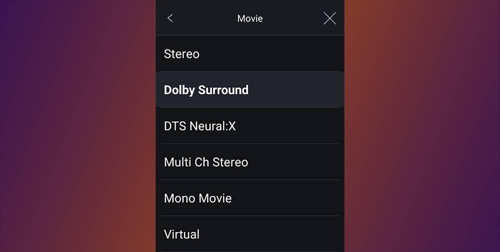 Selecting Dolby Surround on an AV Receiver Menu