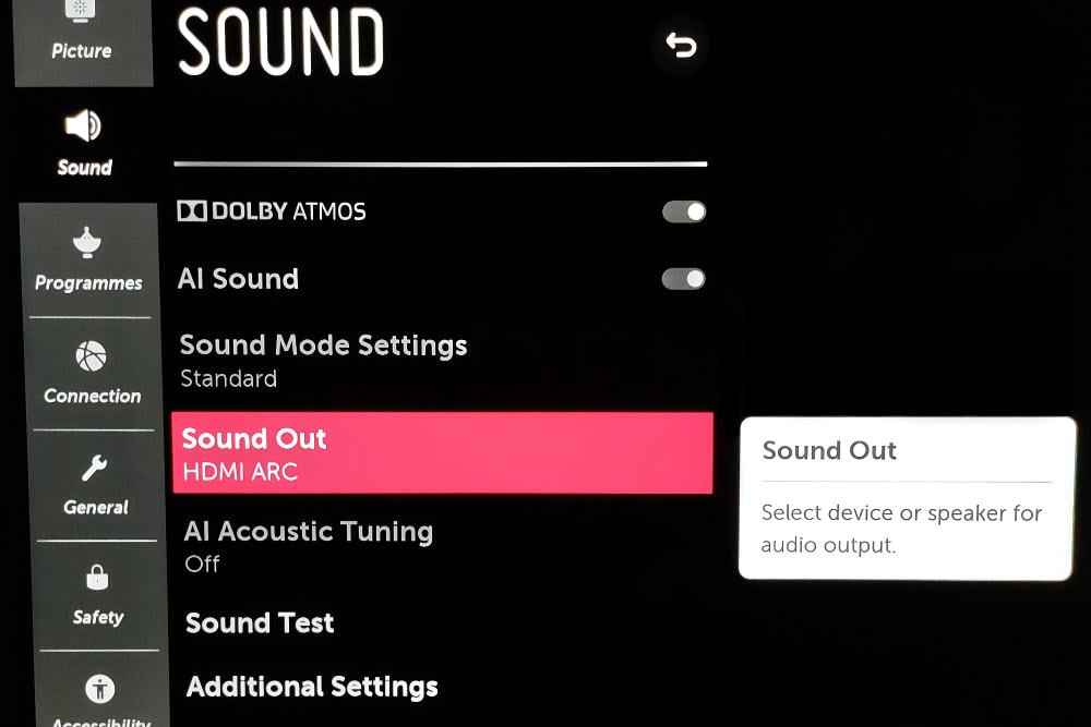 the sound settings menu of an LG smart TV